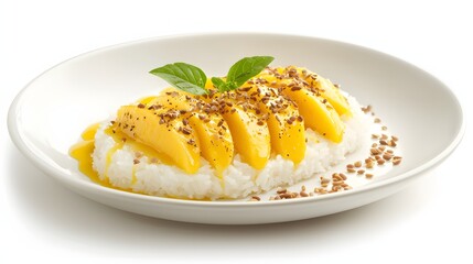 A plate of delicious mango sticky rice, featu ripe mango slices and sweet coconut milk, garnished with basil on a white background showcases culinary delight.
