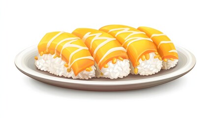 Delicious mango sticky rice, a traditional Thai dessert with ripe mango slices drizzled with sweet coconut milk, served beautifully on a white plate.