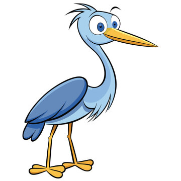 Adorable blue heron cartoon poses happily on white background with its yellow beak