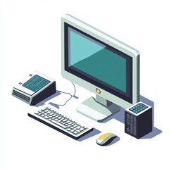 Fototapeta premium Isometric illustration of a modern desktop computer setup with monitor, keyboard, mouse and server