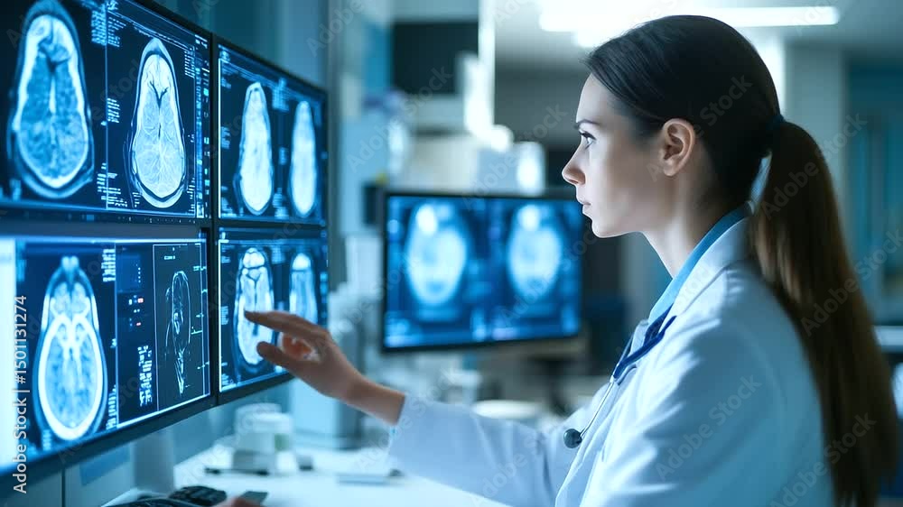 Aufkleber a hospital radiology lab where a radiologist is analyzing ai-processed mammogram images, showing sid