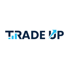 this is a flat wordmark logo design of TRADE UP with arrow and graph bar in blue color for business trading purposes