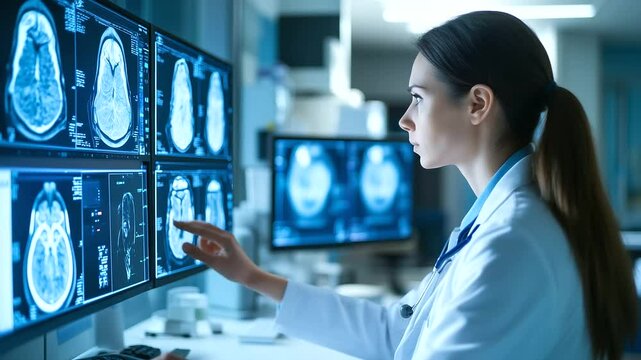 A hospital radiology lab where a radiologist is analyzing AI-processed mammogram images, showing side-by-side comparison with AI annotations highlighting potential risks.
