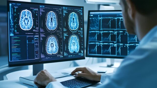Close-up of an AI-powered medical imaging system on a hospital computer screen, with annotations identifying key areas of concern in a detailed radiology scan.