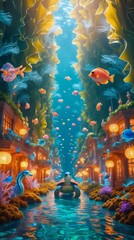 Undersea Market Street with Vibrant Marine Life and Colorful Coral Reefs