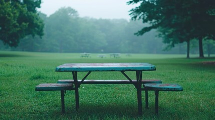 Obraz premium Empty picnic table in misty park