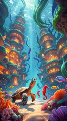 Underwater Fantasy Scene with Vibrant Coral Reefs and Luminescent Structures Underwater