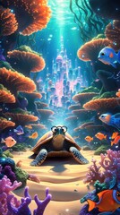 Underwater Fantasy Scene Featuring Vibrant Coral Reefs and Playful Marine Life