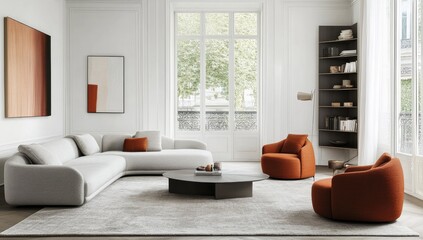 Fototapeta premium Modern living room with light beige sectional sofa, terracotta accent chairs, and a round coffee table. Large windows offer city views
