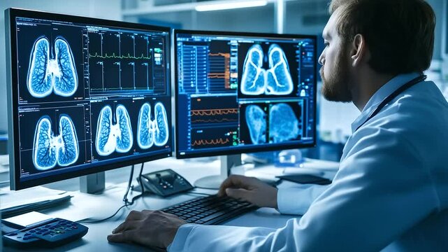A radiologist examining AI-analyzed lung CT scans on a computer, with visual markers highlighting potential issues in a fast and efficient manner.