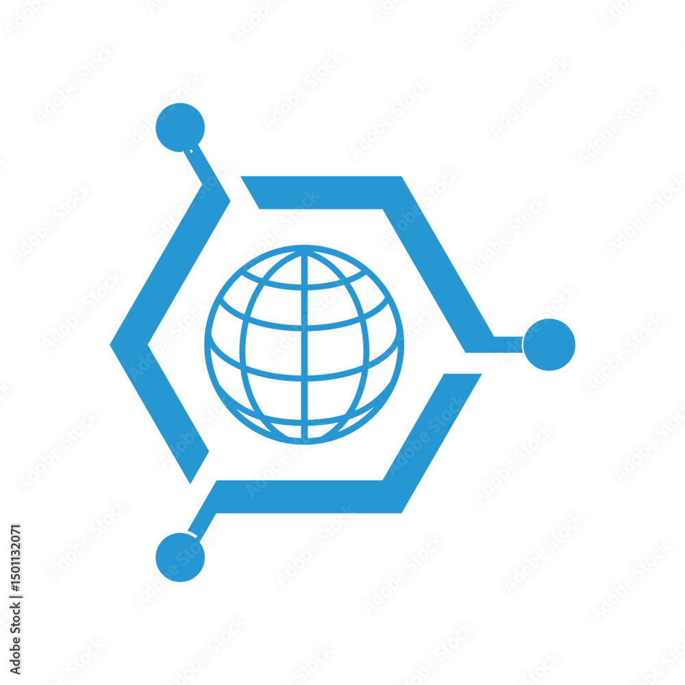 Poster this is a flat logo design of a globe inside a hexagon tech shape frame