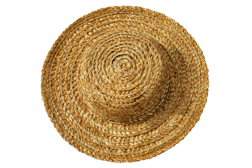 Woven straw hat, top-down isolated on transparent PNG background