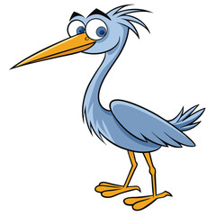 A comical heron with blue feathers and yellow beak gazes sideways animatedly