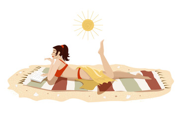 Cute young woman with brown hair in a swimsuit lies on the sandy beach with a book. Vector illustration of sunbating.