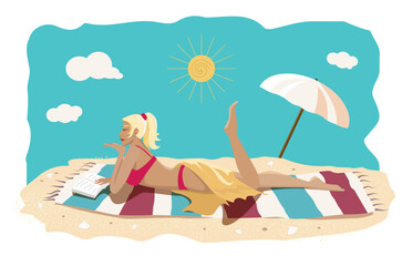Cute young woman in a swimsuit lies on the sandy beach with a book. Sunbathing. Lady with blonde hair. Vector illustration.