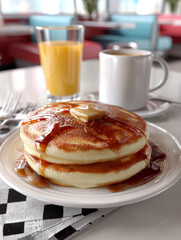 Fluffy pancakes with syrup and butter in a retro diner setting.