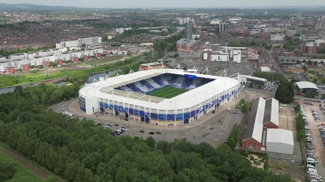 4K aerial footage of the King Power Stadium is home to Leicester City Football Club in Leicestershire, UK