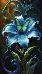 vibrant fantasy floral scene with glowing blue flower and colorful butterfly in mystical dark background