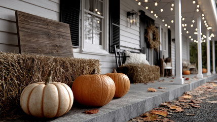 Pumpkins and hay bales on a decorated farmhouse porch.