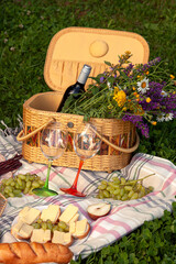 Picnic Basket with Wine, Flowers, and Cheese Sandwiches on a Plaid Blanket