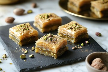 Golden Pistachio and Walnut Baklava Squares on Slate with Honey Glaze