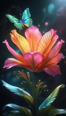 Vibrant fantasy flower with glowing butterfly and magical sparkles