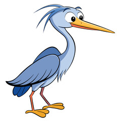 Obraz premium Cute cartoon heron stands playfully with its golden beak against a white backdrop