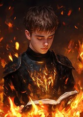 Young Man in Dark Armor Reading Ancient Book Amidst Fiery Flames