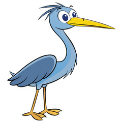 Comical blue heron cartoon character stands alert with a yellow beak and legs