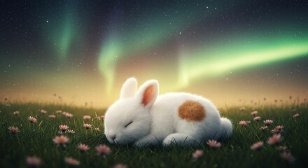 Sleeping Rabbit in a Field Under the Northern Lights