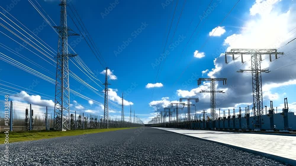 Poster a panoramic view of an electrical substation with multiple power transformers, surrounded by steel l