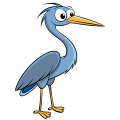 The quirky blue heron cartoon character with big eyes stands in a simple pose