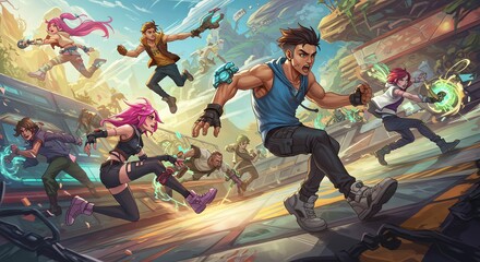 Group of People Running in Futuristic City