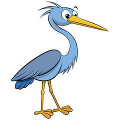 Cartoon blue heron standing with a goofy smile and yellow beak looks charming