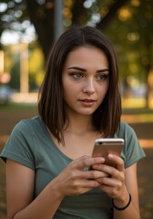 Photo of a Young Woman Holding Smartphone in Green T-Shirt with Park Background
