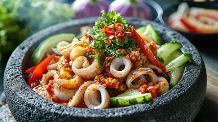 A vibrant, spicy seafood soup filled with healthy vegetables and traditional ingredients from diverse cuisines.