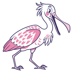 Playful pink roseate spoonbill character displays its large bill while standing happily on white