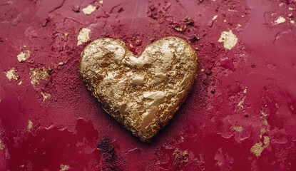 Gold heart on burgundy textured background.  A golden heart, textured like stone, sits atop a deep burgundy surface with flecks of gold