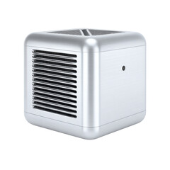 Compact, silver air cube isolated on transparent PNG background