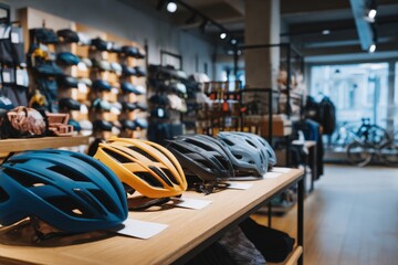 Obraz premium Sport shop interior with cycling gear and helmets section in organized display with copy space. 