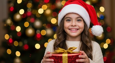 Photo of a Smiling Young Girl with Christmas Hat Holding Present near Blurred Festive Decorations
