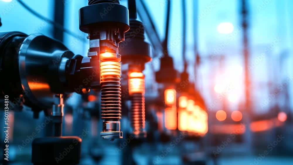 Poster a close-up of high-voltage transformer bushings and insulators at an electrical substation, highligh