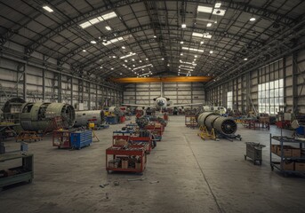 Photo Of Airplane Maintenance Hangar Interior With Machinery And Equipment