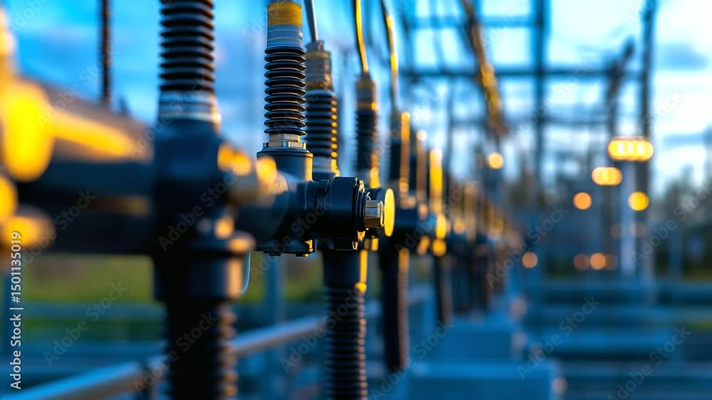 Poster a close-up of high-voltage transformer bushings and insulators at an electrical substation, highligh