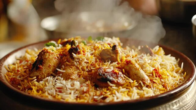 Appetizing and spiced Indian biryani served in a traditional metal bowl on a table.