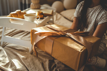 Smiling girl in pajamas holding a wrapped gift with a satin ribbon on a bed, with coffee, croissant, and balloons in the background, creating a joyful and cozy morning moment