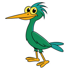 Cartoonish green bird with golden beak and feet stands smiling against a white backdrop