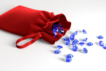 Velvet red bag with scattering of blue sapphires on white background. Exhibition of precious stones. Jewelry industry. 3d rendering.