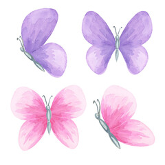 Pink, lavender, and purple butterflies in a watercolor clipart collection. Hand drawn illustration Perfect for greeting card elements, baby shower decorations, planner stickers, craft embellishments