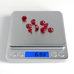 Precise electronic scale with round cut rubies on white background. Front view. Jewelry industry. 3d rendering.